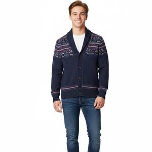 Men’s Shawl Collar Fair Isle Cardigan, Button Front, Cotton & Wool Blend,Size XS
